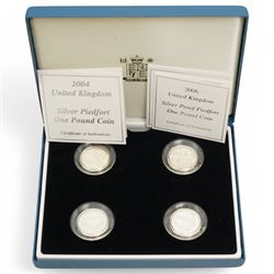 Six The Royal Mint United Kingdom silver proof one pound coins or sets, comprising 2004, 2005, 2006, 2007 'Bridges' four-coin set, 2010 and 2011 'Cities' four-coin set, 2013 'The 30th Anniversary Of The £1 Coin' three-coin set, 2013 and 2014 'Floral' four-coin set, 2016 'The Last Round Pound' and 2017 'Nations of the Crown', all cased with certificates