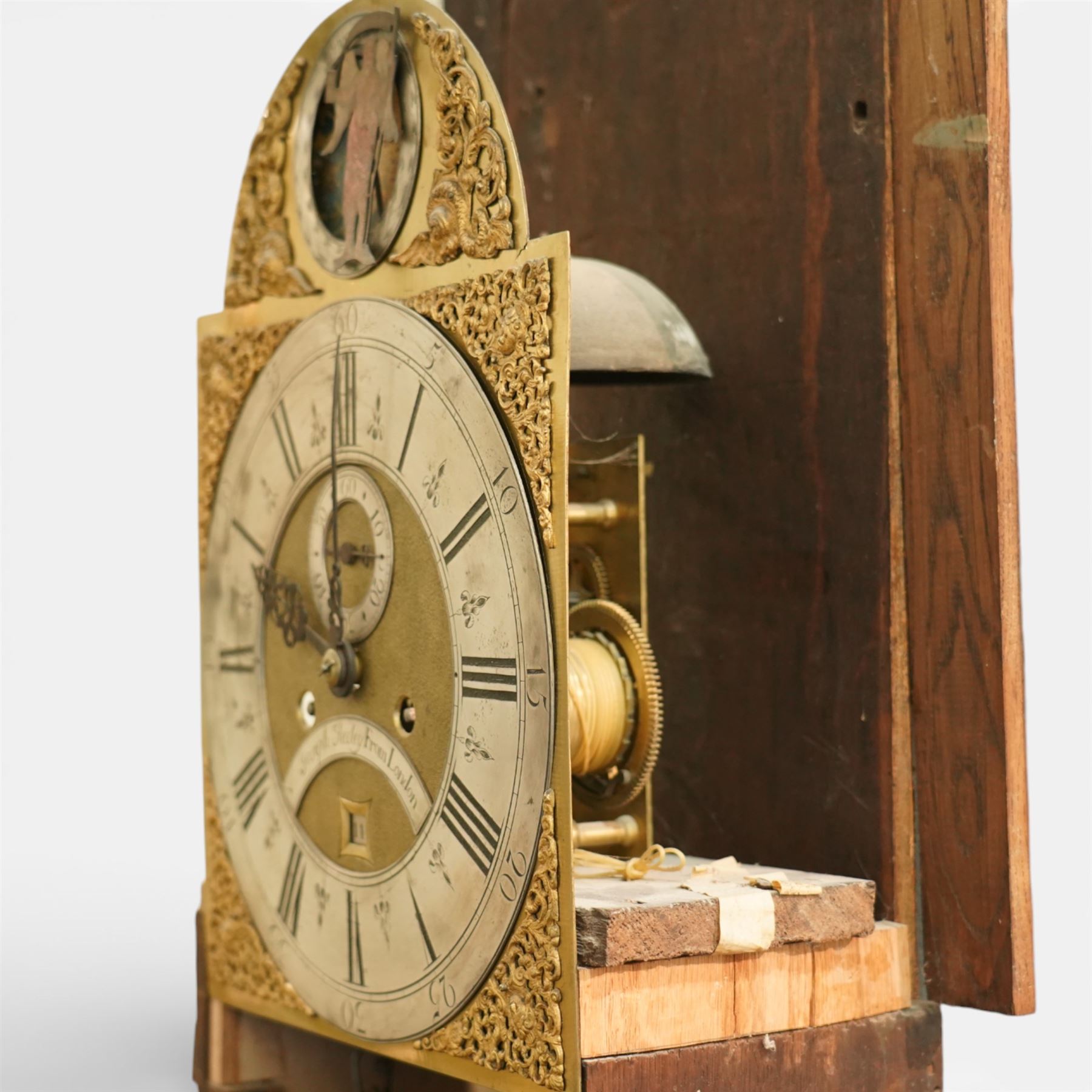 18th century longcase clock, the brass dial with ormolu spandrels, Father Time automaton and inscribed 'Joseph Heeley from London' with seconds ring and eight day movement in oak caddy top case, the trunk door with mahogany crossbanding H248cm