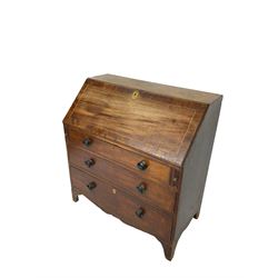 George III mahogany bureau, fall-front with fitted interior over three cock-beaded graduating drawers, bone escutcheon to bottom drawer