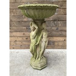 Cast stone bird bath, pedestal in the form of 'The Three Graces'