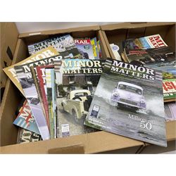 Collection of classic car magazines, comprising predominantly of Minor Matters and Classic Van and Pick-up examples, together with other motoring magazines from the 1960s and 70s, and two Morris Minor signs, in four boxes
