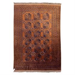 Pakistani Bokhara hand-knotted carpet, camel field decorated with rows of large tekke styl...