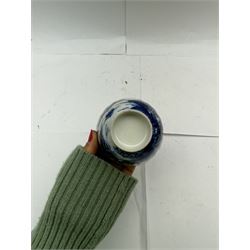 Pair of Staffordshire figures modelled as chained Dalmatians seated upon cobalt blue oval bases, H13cm, together with a Staffordshire pastille burner modelled as a castle, H12cm, a pair of 19th century Derby potpourri pots (lacking covers), and an 18th century blue and white tea bowl 