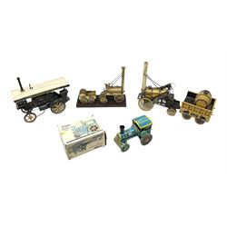 Modern Kovap Czechoslovakia tin-plate model of a steam roller; boxed; tin-plate model of a Traction engine and similar model of Stephenson's Rocket with tender; and a brassed stationary model of Stephenson's Rocket on wooden base (4)