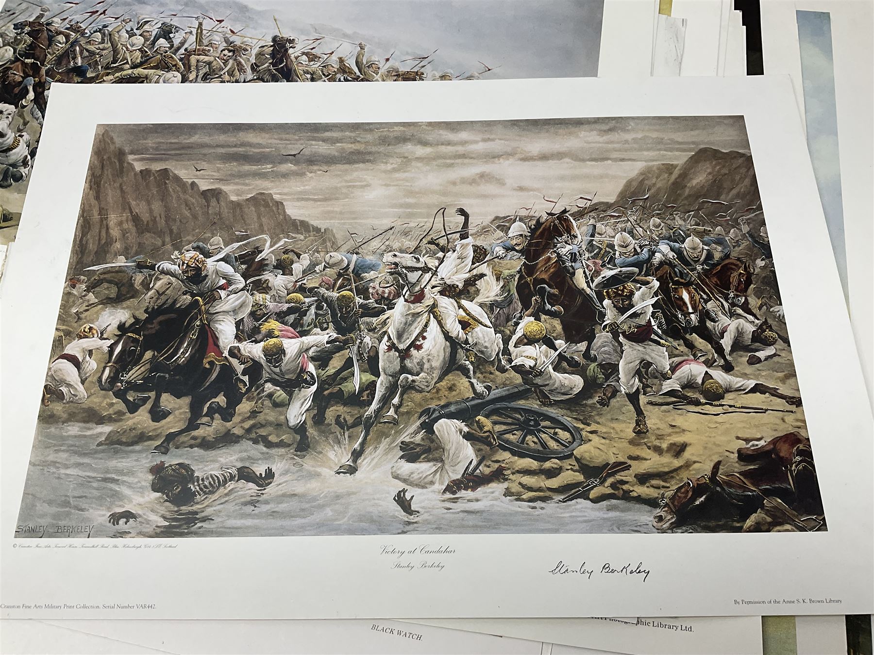 Large poster entitled 'Crests and Badges of the British Army in Daily Use 56 x 86cm; together with twenty-five colour prints of military interest including Crimean War, Boer War, WW2 etc; various sizes; all unframed