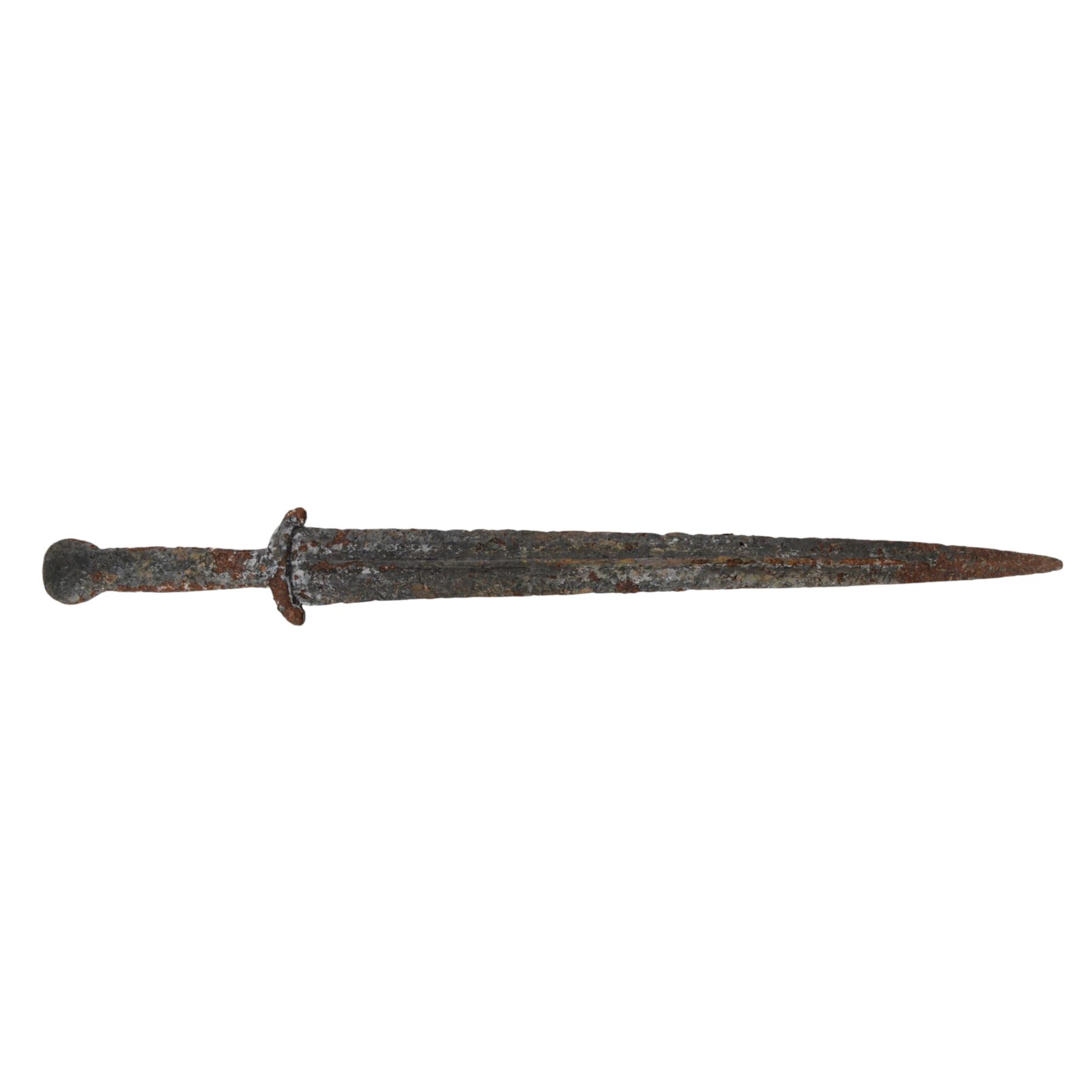 13th-6th century BC, two daggers of triangular shape with shallow fuller tapering to a pointed tip and raised midrib, short straight quillons, largest L55cm