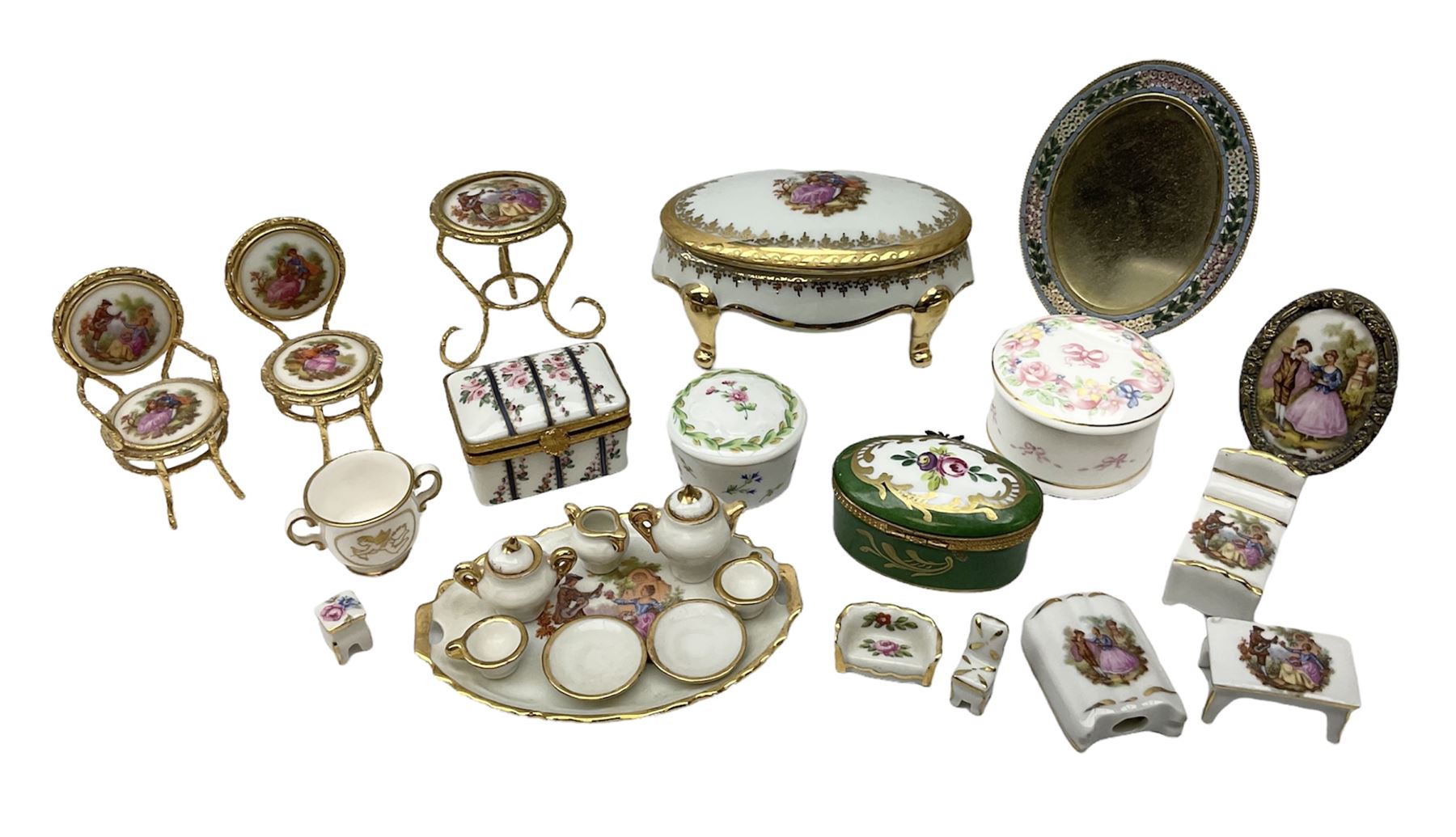 Limoges La Reine miniature furniture to include two chairs and table set, wardrobe etc, Limoges lidded boxes to include Bernadaud example, Limoges miniature tea service on tray, other boxes and miniatures to include Spode twin handled loving cup etc