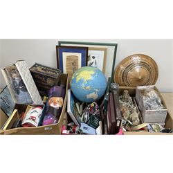 Quantity of toys and household accessories to include Lilliput Lane figures, The Leonardo Collection doll, another boxed doll, quantity of framed prints, boxed coaster and placemat sets etc