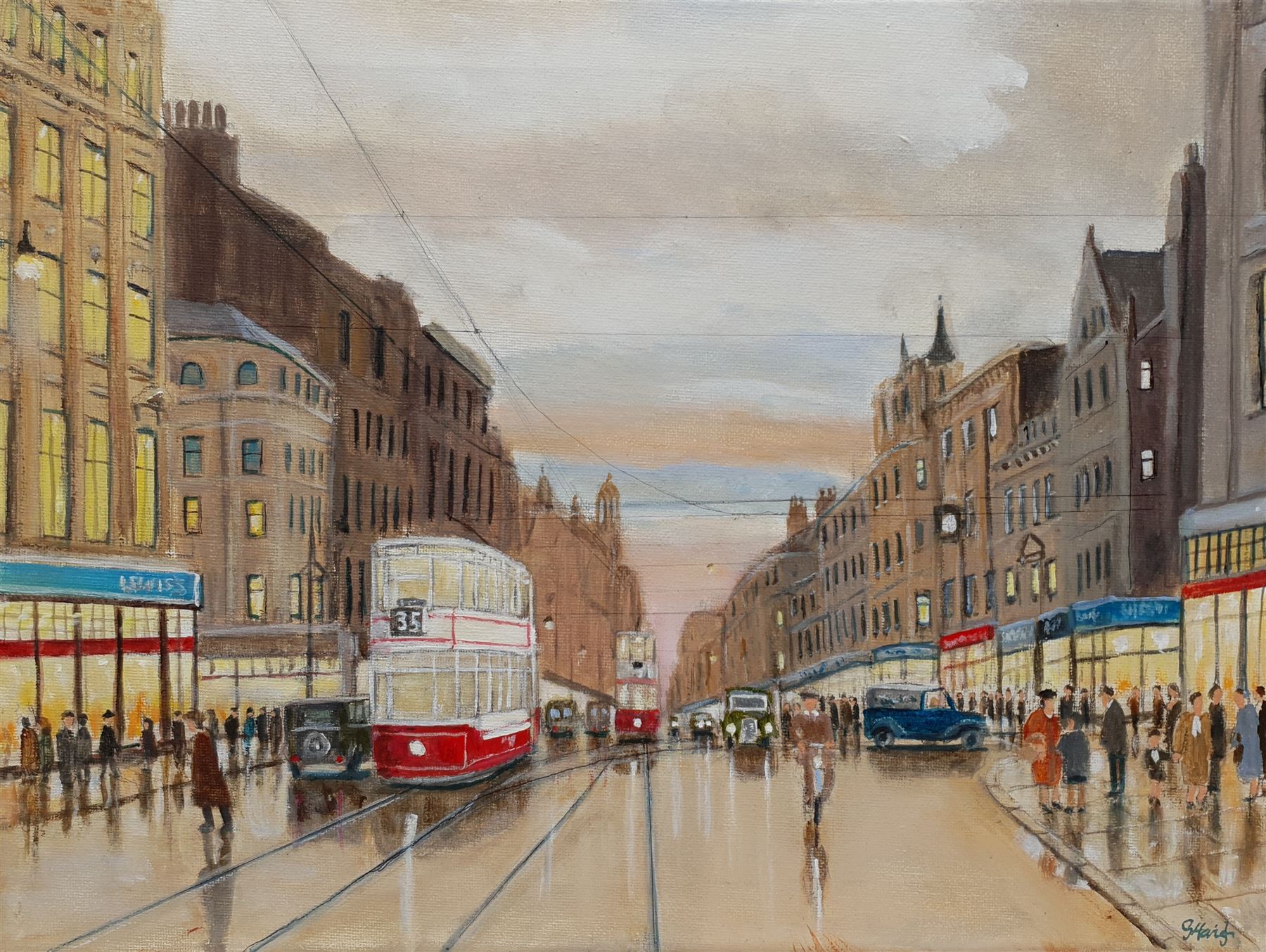 Gary Haigh (Northern British Contemporary): 'Market Street 1938', oil on canvas signed 30cm x 40cm (unframed)