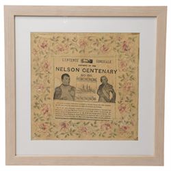A mounted printed paper handkerchief or napkin Nelson Centenary Souvenir of Nelsons flagsh...