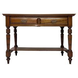 Victorian mahogany side table fitted with two drawers,  rectangular top over two short drawers with moulded facias and brass drop handles, turned front and rear supports joined by an open undertier, on turned feet 
