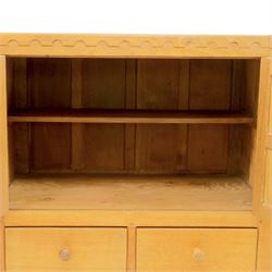 Mouseman - mid-20th century adzed and panelled oak tallboy chest, arcade carved cresting rail over two panelled cupboard doors with wrought iron fittings and latch, enclosing single shelf, over two short and two long drawers with lightly adzed facias and turned knob handles, raised on square supports, relief carved mouse signature, by the workshop of Robert Thompson of Kilburn