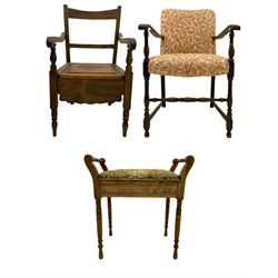 Early 20th century beech framed open armchair (W55cm), late Victorian beech framed commode armchair with ceramic pot (W51cm), and a late 19th century beech piano stool with upholstered hinged seat (W57cm)