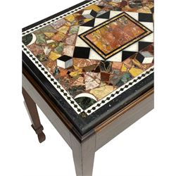 19th century marble specimen table, central rectangular plaque in black and white chequered lozenge, surrounded by fragments and cube motifs, housed within a mahogany stand with moulded top edge, square tapering supports with peg spade feet