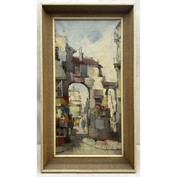 Paul Romier (French 1919-?): Archway in Paris, oil on canvas signed 60cm x 29cm 