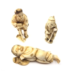  Two Japanese Meiji ivory Netsuke in the form of a figure with staff and dancing figure & ivory okimono H5.5cm max (3)  