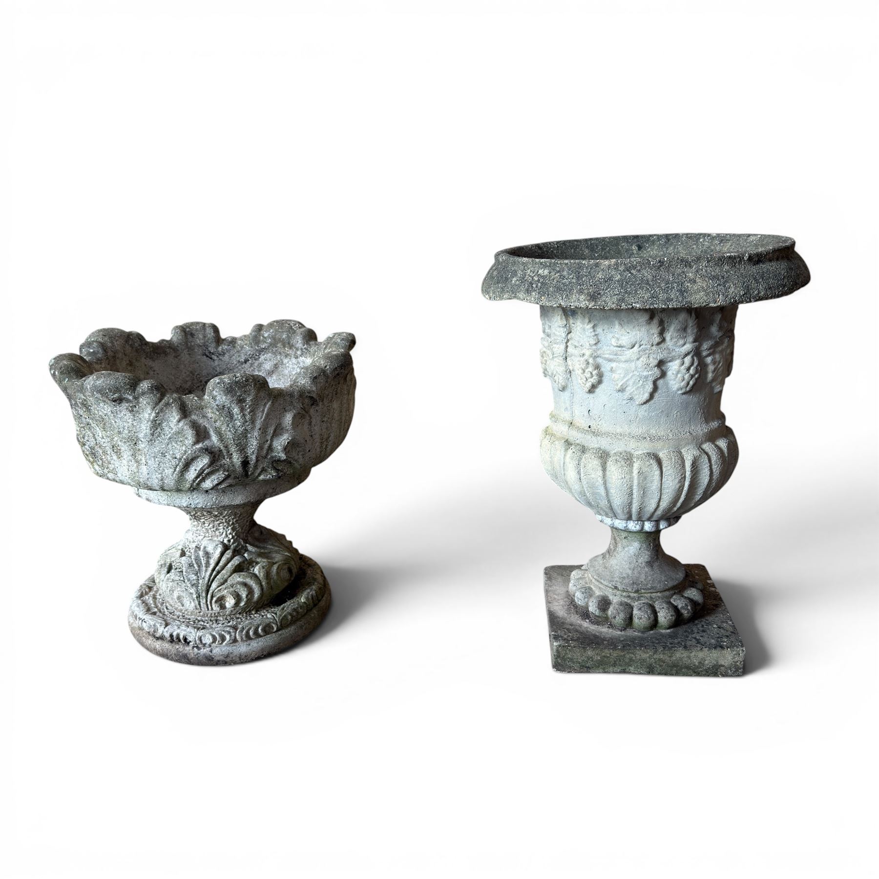 Cast stone classic garden urn, raised on squat pedestal and an ornate cast stone urn (2)