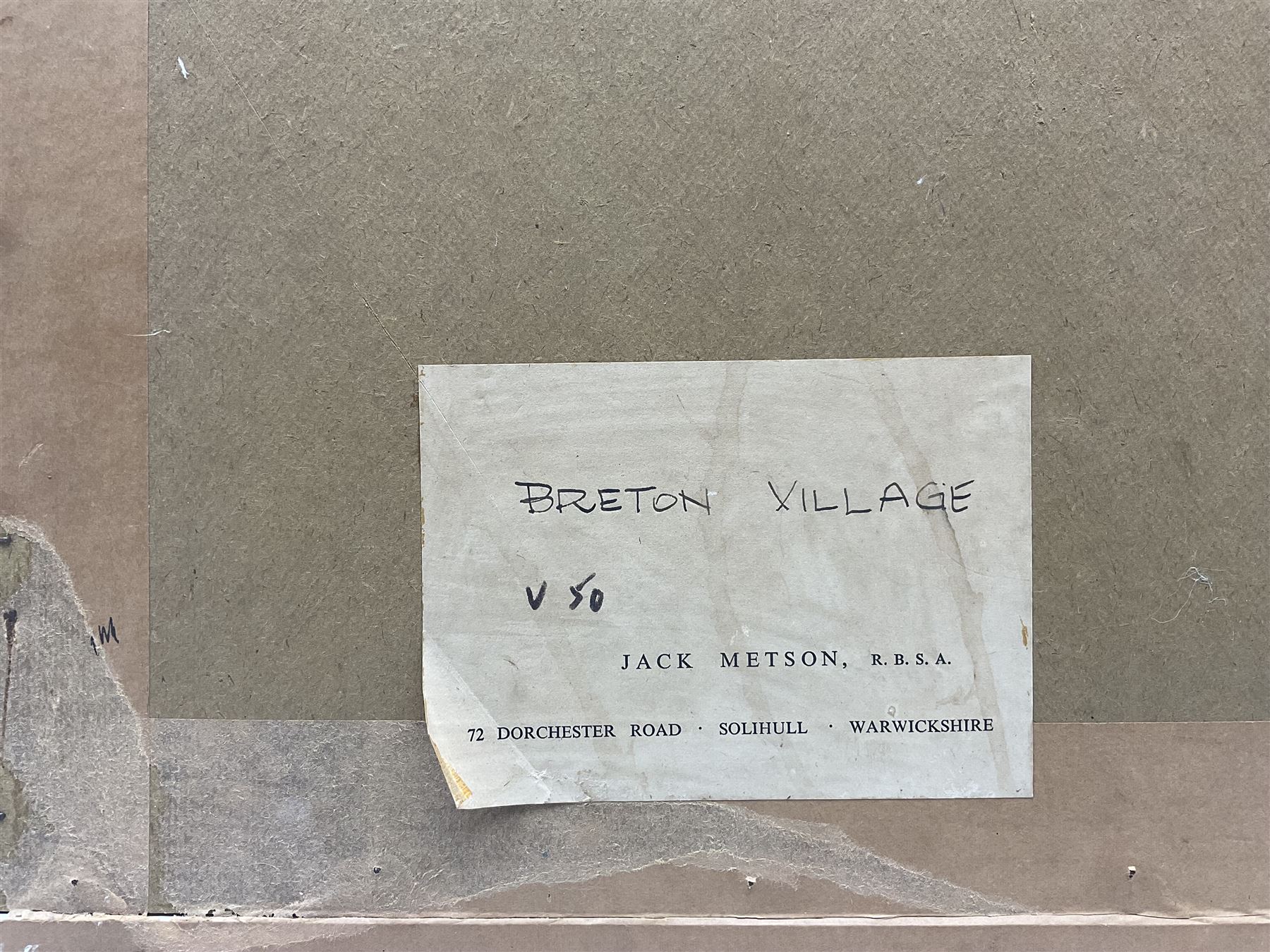 Jack C Metson (British 1905-1987): 'Breton Village', oil on board signed, artist's address label verso 20cm x 23cm