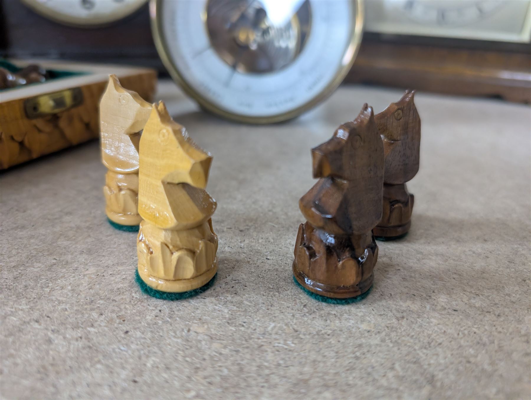 Collection of metalware, including brass weights, fireside tools, sauce boat, etc, together with a chess set, records, two studio pottery lamps etc