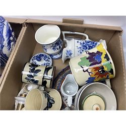 Royal Doulton Gloria pattern teapot and jug, pair of Beswick miniature Staffordshire style dogs, Portmeirion jug, Leedsware Creamware dish and a collection of other ceramics, in three boxes 