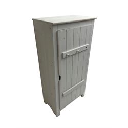 White dormitory style wardrobe, single door with hooks, on square feet