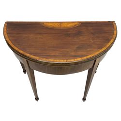 George III inlaid mahogany card table, demi-lune fold-over top with satinwood band and large fan motif, baize lined interior, double gate-leg action base, on square tapering supports with spade feet