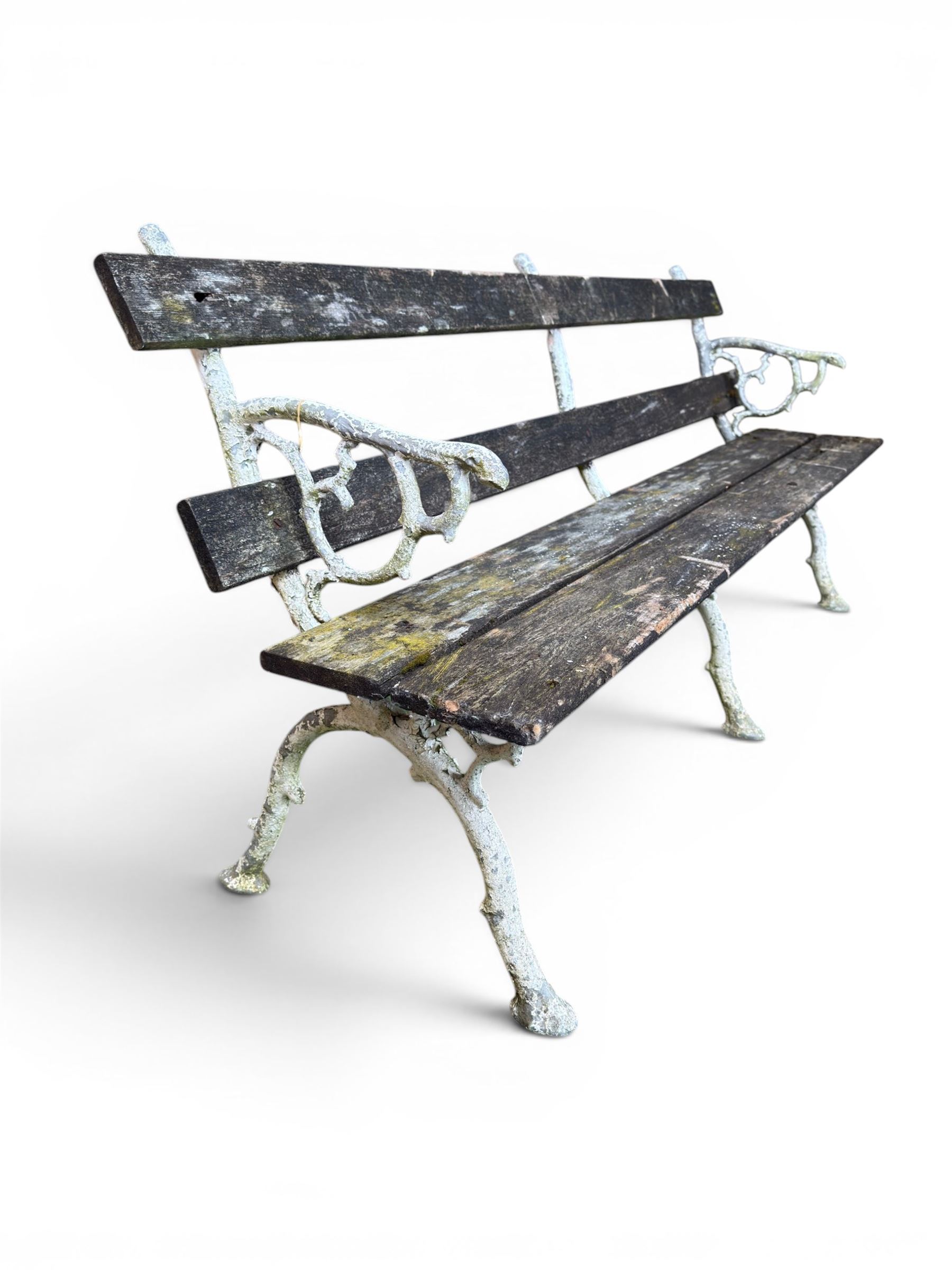 Early 20th century three section cast metal and wood slatted garden bench