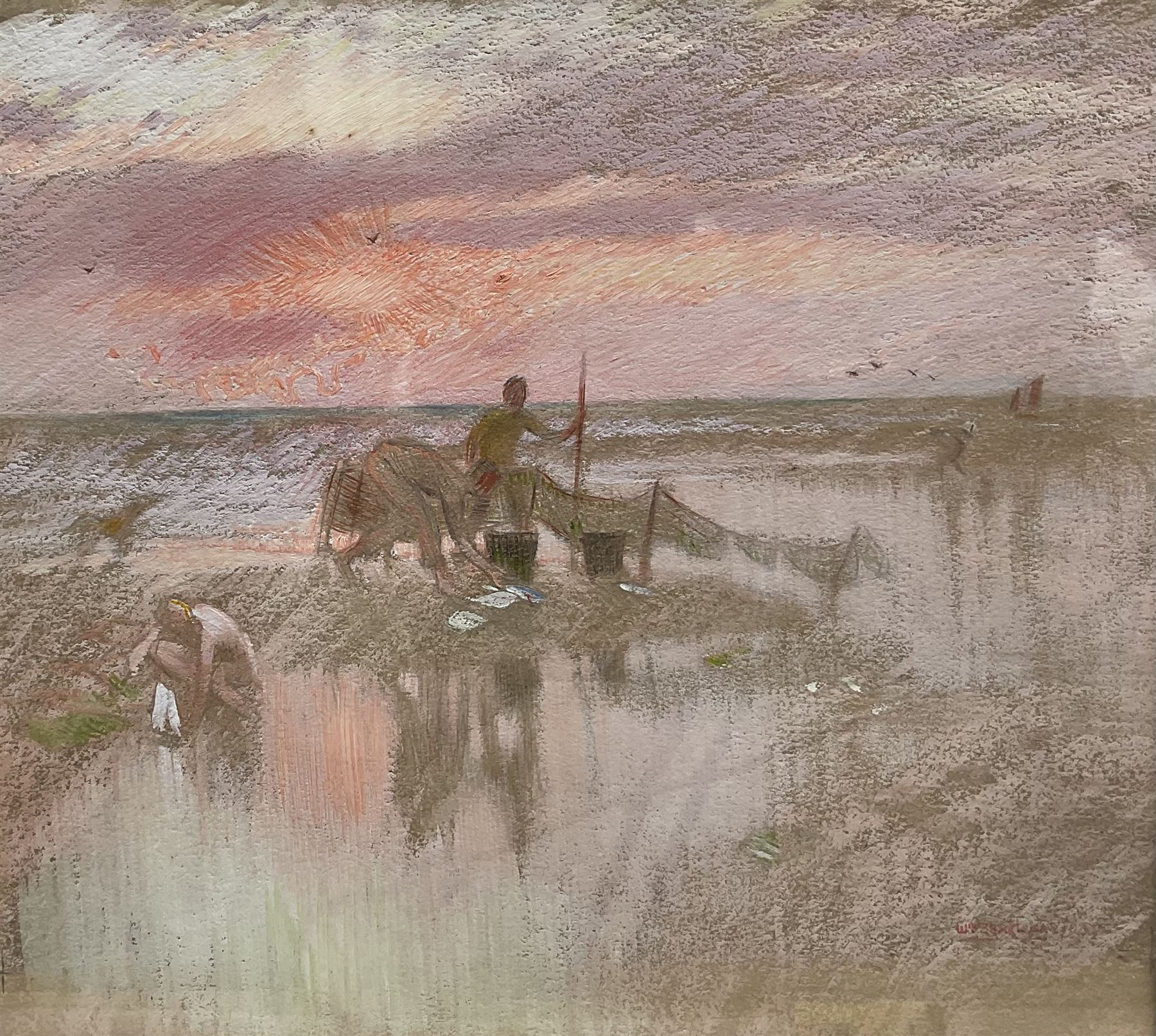 William Shackleton (Bradford 1872-1933): Sorting Fish at Sunset, gouache signed and dated '03, 21cm x 23cm 