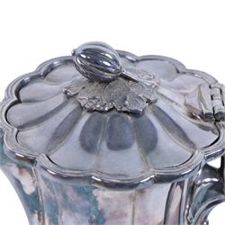 Early 20th century silver plated four piece melon-shaped tea service by James Dixon & Son Sheffield, comprising teapot, hot water jug, milk jug and open sucrier, together with a silver plated twin handled tray with engraved floral decoration