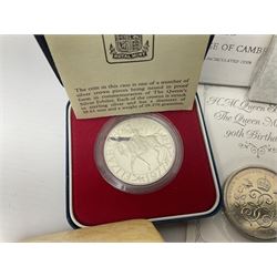 Queen Elizabeth II 1977 silver crown and 1980 silver crown, both cased with certificates, Bailiwick of Guernsey 1978 silver crown cased without certificate, three United Kingdom brilliant uncirculated five pound coins in card folders and twelve other five pound coins