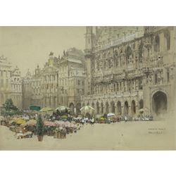 Attrib. William Walcot RBA RE (1874-1943): 'Grand Palace Brussels', pencil watercolour and bodycolour titled unsigned 25cm x 36cm