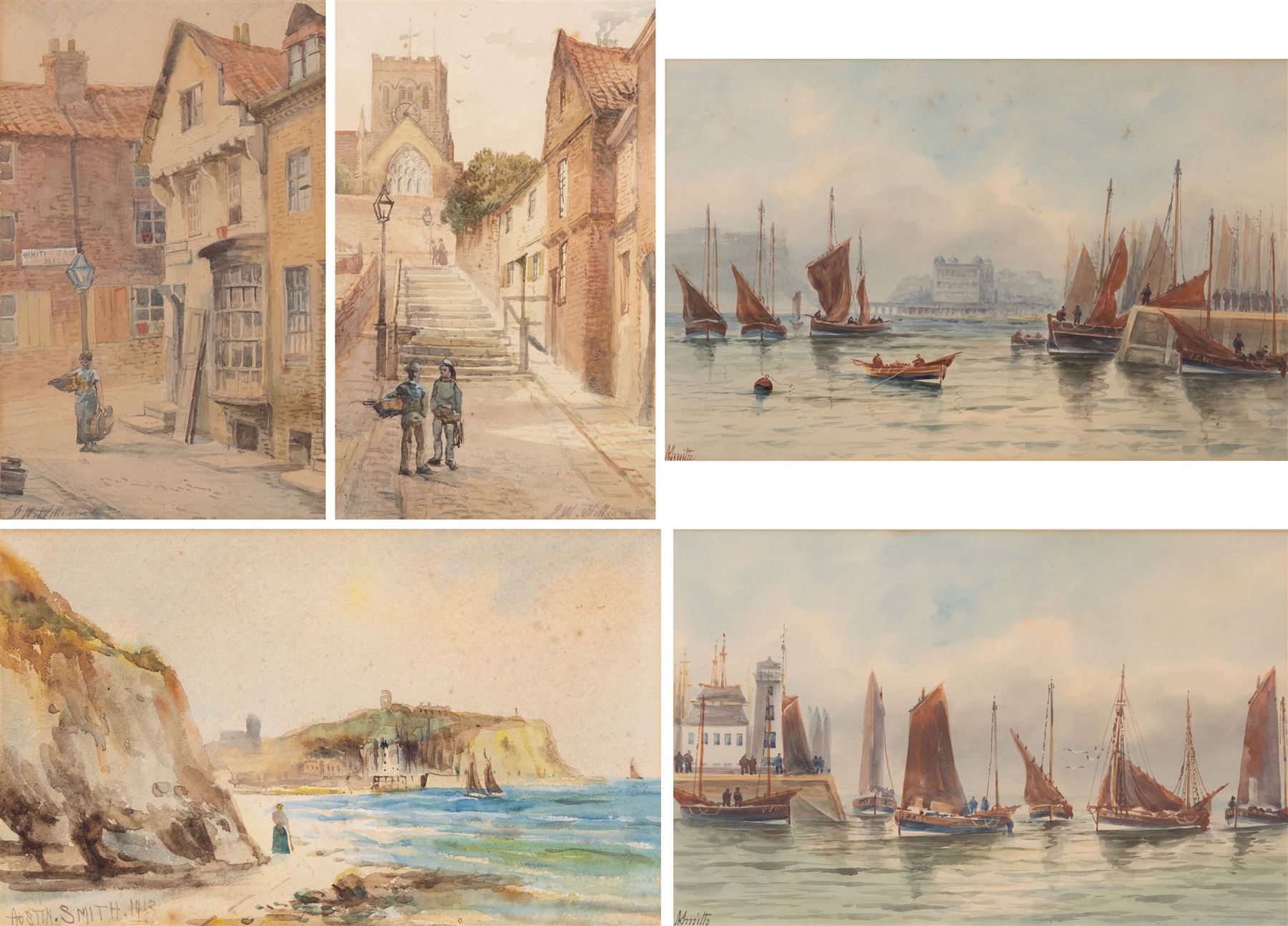 John Wynne Williams (British fl.1900-1920): Whitehead Hill and St Marys Steps, pair watercolours signed 24cm x 15cm; Austen Smith (British Early 20th Century): View towards Scarborough Castle, watercolour signed and dated 1913, 10.5cm x 17.5cm; A Smith (British Early 20th Century): Scarborough Harbour Scenes, pair watercolours signed 22cm x 34.5cm (5)