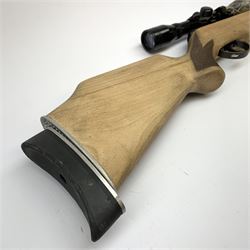 .22 air rifle with under lever action, chequered pistol grip, adjustable butt, camo covered barrel and Nikko Stirling 6x scope L120cm overall