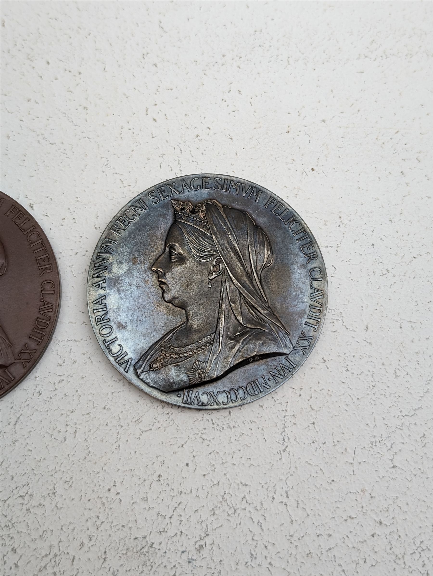 Two Queen Victoria 1887 Diamond Jubilee official Royal Mint issue large commemorative medals, one in silver, one in bronze