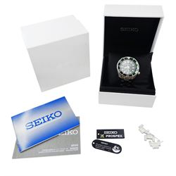 Seiko Prospex gentleman's stainless steel automatic wristwatch, Ref. 6R35-00A0, green dial with luminous hour markers, date aperture and unidirectional rotating green bezel, on stainless steel strap, with fold-over clasp, boxed with additional links and guarantee card dated 2019   