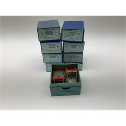 Hornby Dublo - twenty-three pairs of buffer stops including three pairs of 2451 Illuminated for two-rail track; five pairs of 3450 for three-rail track only; and fifteen D1 pairs; all boxed; and two odd loose buffers (21)