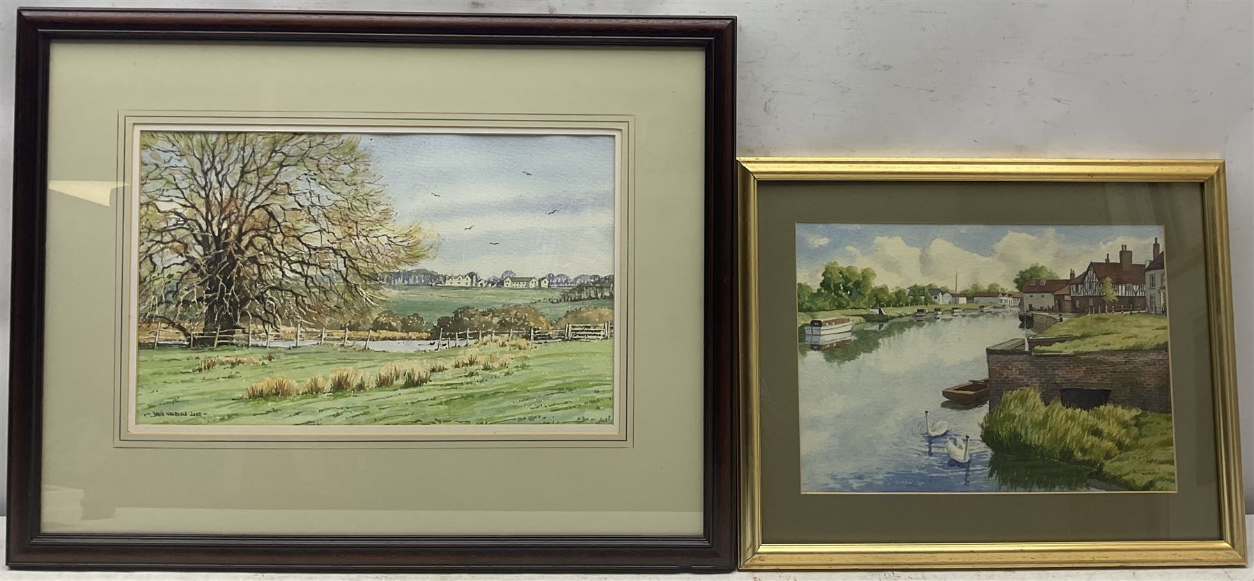 David Newbould (British 1938-2018): 'Ledston Hall from Newton Ings' Castleford, watercolour signed and dated 2000, titled verso 26cm x 43cm; R Battye (British 20th century): Swans on the Canal, watercolour signed watercolour signed 25cm x 35cm (2)