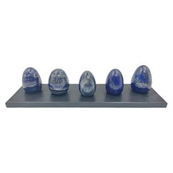 Collection of five Lapis lazuli specimen eggs, upon an ebonised wooden base, largest egg H7cm