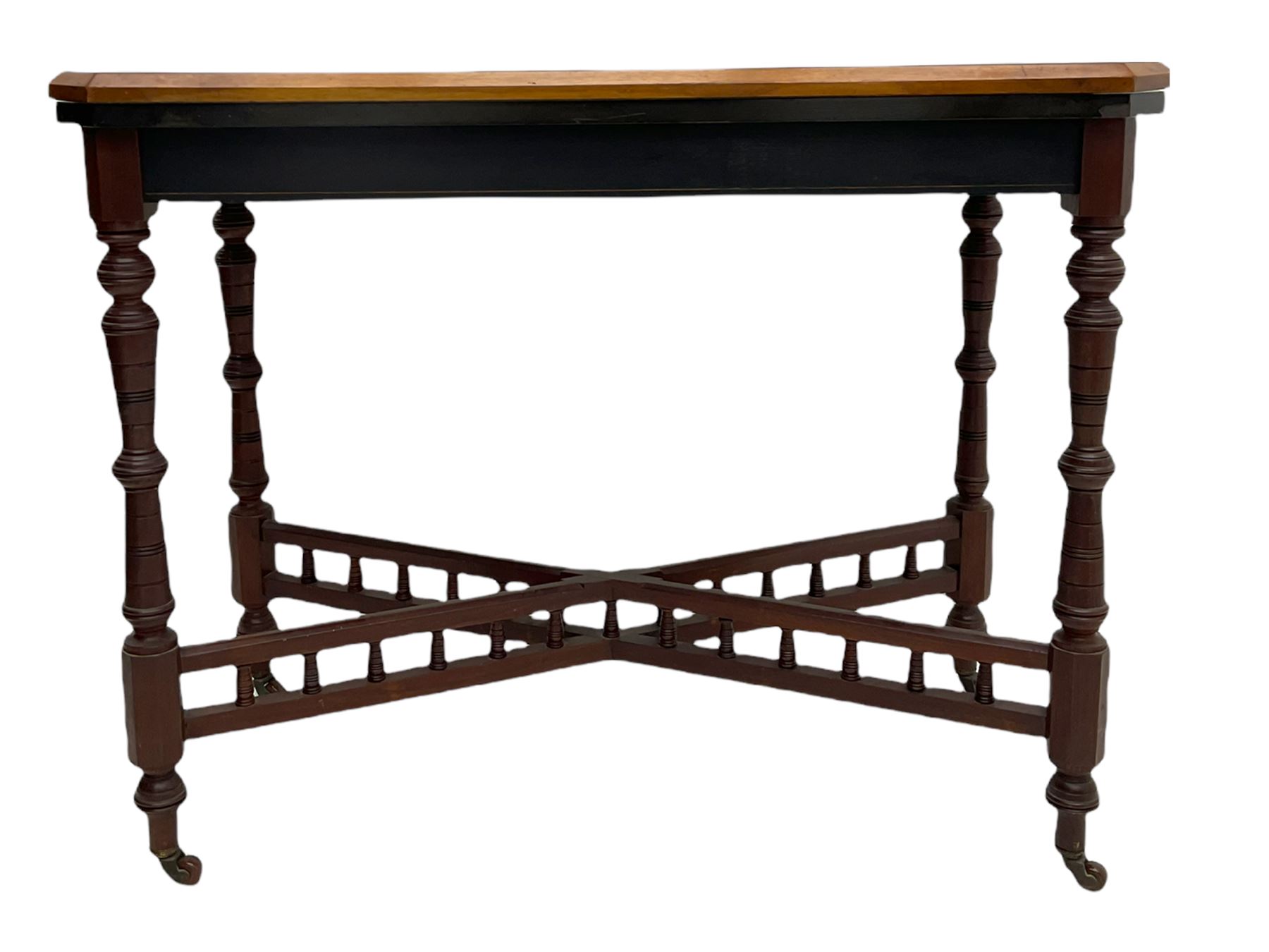 Late Victorian figured walnut and amboyna card-table, rectangular fold over top with baize lining, on turned supports joined by x framed balustrade stretchers