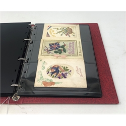  Modern loose leaf album containing over fifty WW1 silk postcards including Regimental crests, flags of the Allies, envelope type with greeting card insets etc  