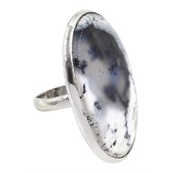 Large silver single stone black, white and clear agate ring,s tamped 925 