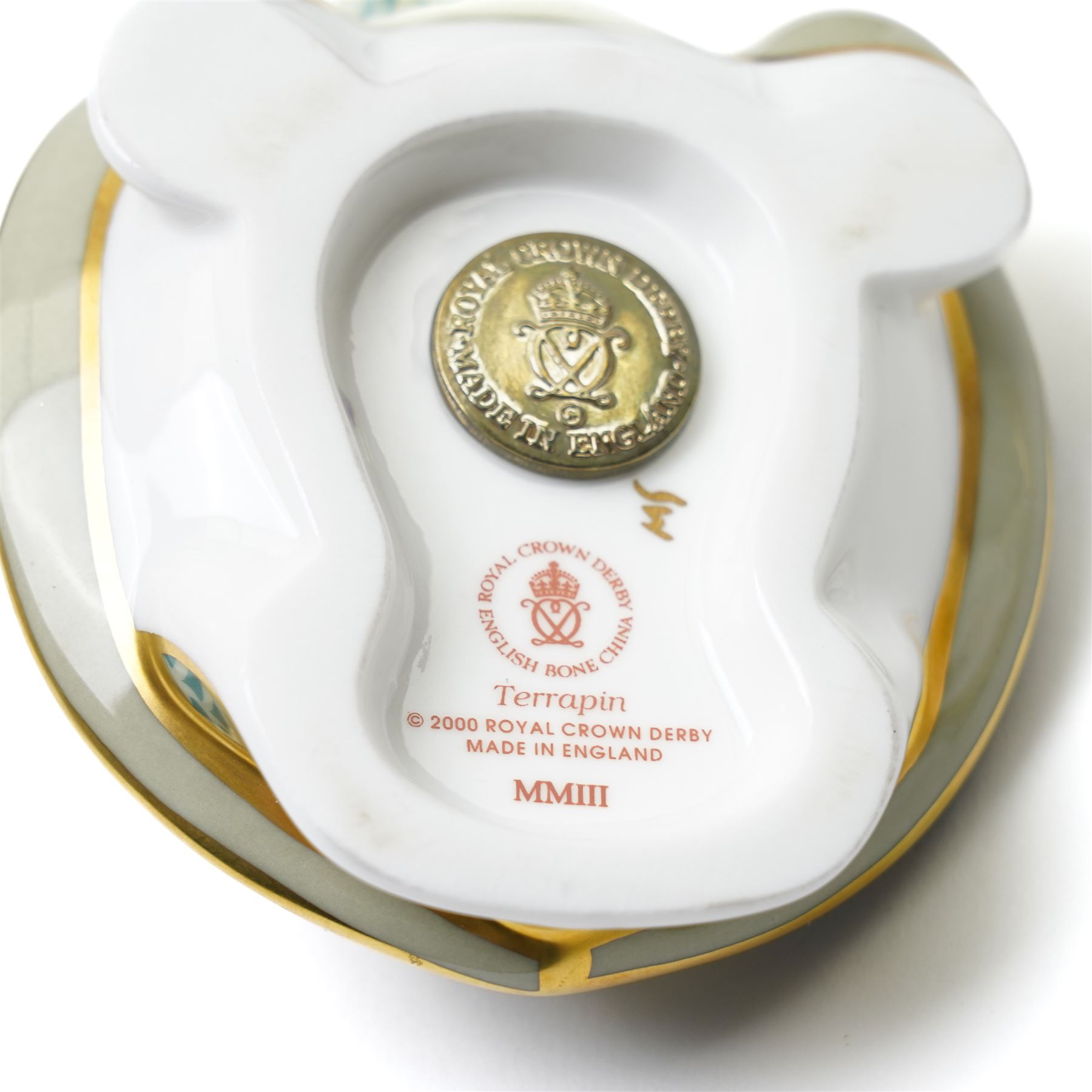 Three Royal Crown Derby paperweights, comprising two Yorkshire Rose Tortoises, and a Terrapin, all with gold stoppers, all boxed (3)