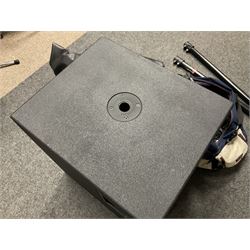 Peavey XR-696F 1200W Amplifier, serial no.K0241228, L47cm; with two Peavey UL bass bins L56cm and two Peavey top speakers L45cm with connecting rods; all with covers; and quantity of heavy duty cables, two microphone cables and microphone stand