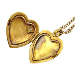 Early 20th century gold heart pendant necklace set with a single stone rose cut diamond, stamped 750, on gold chain necklace
