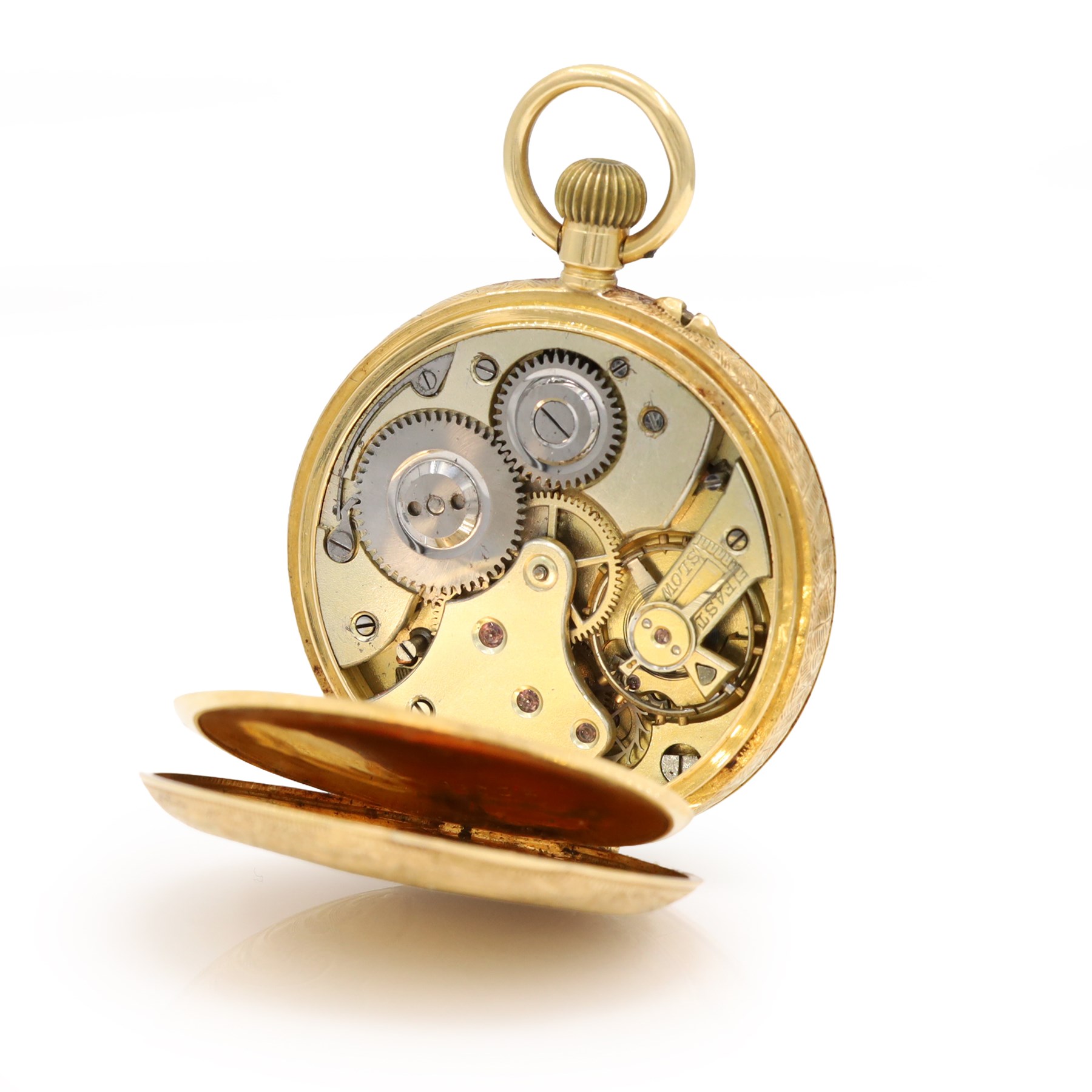 Edwardian 18ct gold open face keyless lever fob watch, white enamel dial with Arabic hour markers and subsidiary seconds dial, engraved foliate case, London import mark 1907