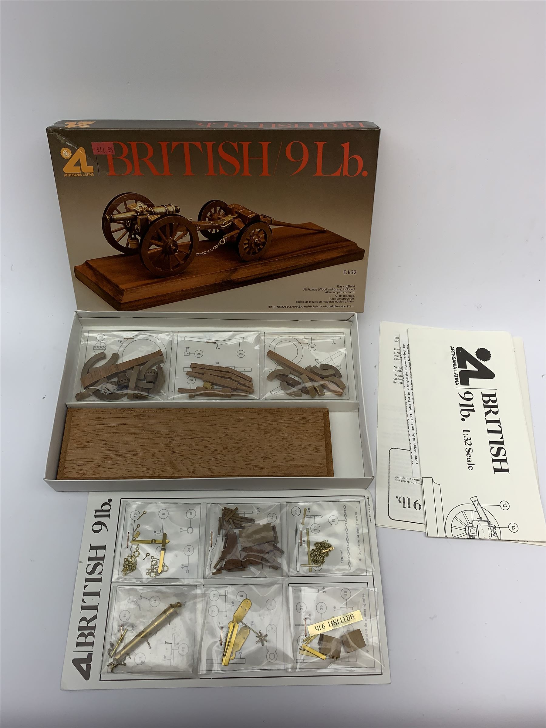 Three Artesania Latina wood and brass model kits of cannons including British 9lb, Naval 24lb and British Naval 12lb; all boxed with instructions and components in factory sealed transparent packaging (3)