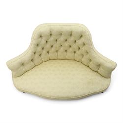 Victorian mahogany frame parlour settee, in back-buttoned ivory fabric