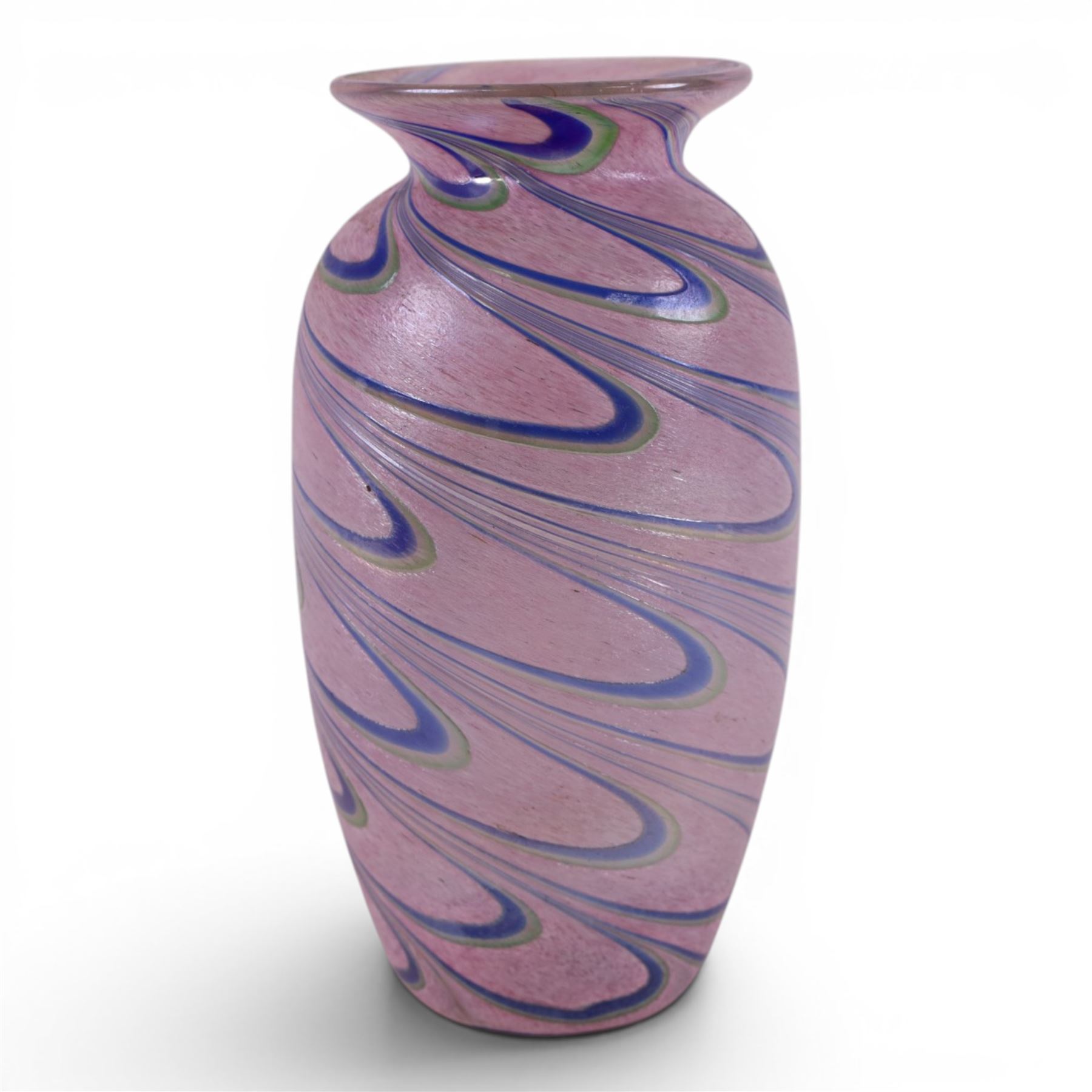 Studio art glass of baluster form, decoration with pulled feather design in purples and blues, together with Strombergshyttan vase, of tapering form with etched Viking boat design, two Murano bud vases, and one others