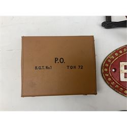 Bugatti cast iron sign with a red background, Shell Oil cast iron sign with gold background, together with Land Rover oil can, motorist warning lamp & torch tool kit and other motoring items 