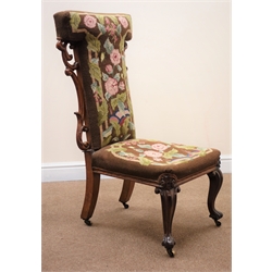  Victorian Prie-Dieu style rosewood chair, carved and pierced sides, upholstered with floral tapestry seat and back, cabriole legs, W45cm  